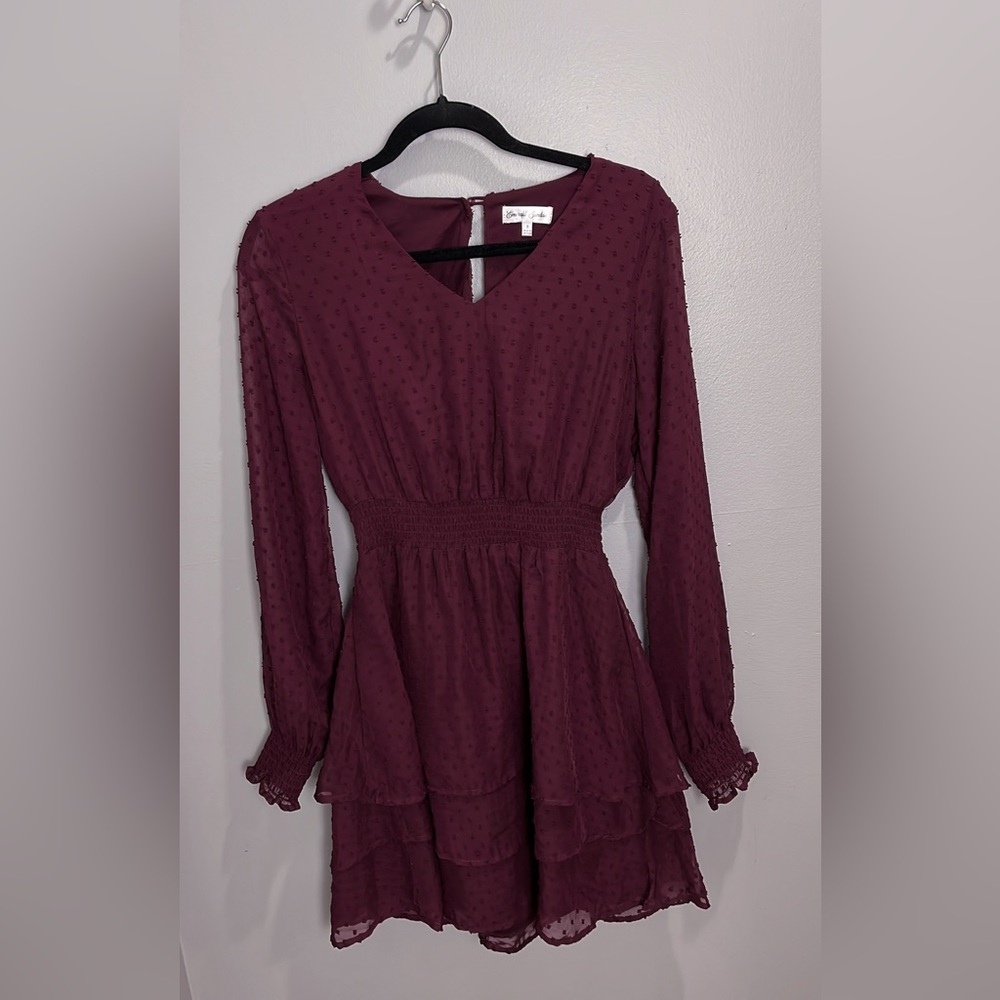 Emerald Sundae Burgundy Textured Long Sleeve V-Neck Dress